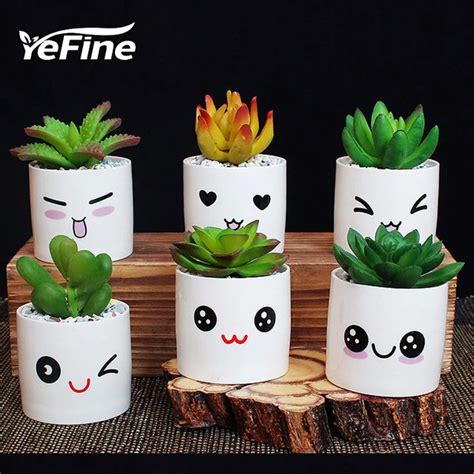 YeFine Ceramic Small Decorative Flower Pots Lovely Mini Fleshy Flowers Cute Expression Garden ...