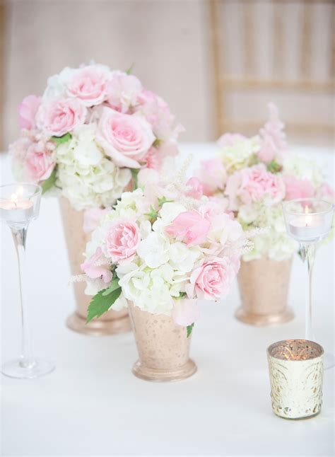 Pink Rose and White Hydrangea Centerpieces | White hydrangea centerpieces, Pink roses wedding ...