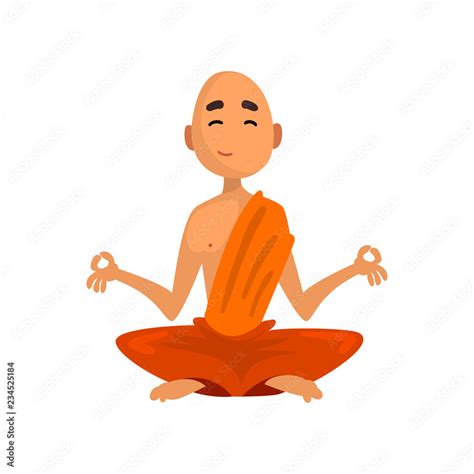 Buddhist monk cartoon character sitting in meditation in orange robe ...