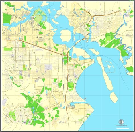 La Porte + Baytown, Texas, US, printable vector street City Plan map full editable, Adobe ...