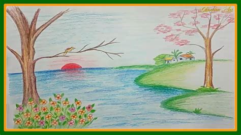 Easy Scenery Easy Nature Pencil Drawing - Sunset scenery drawing in pencil for beginners step by ...