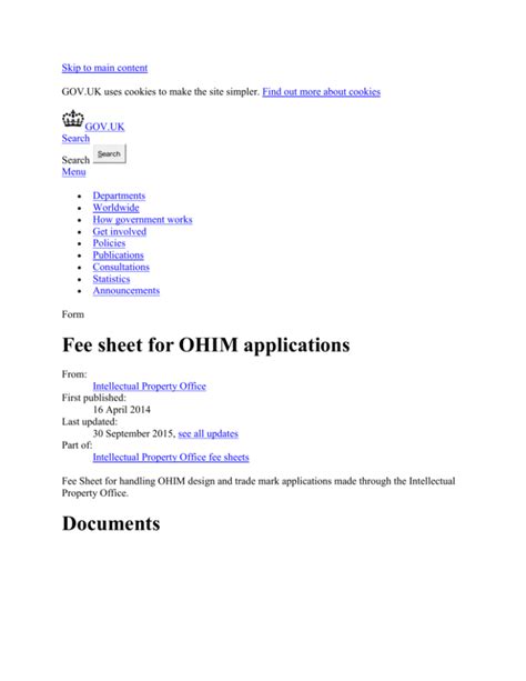 Fee sheet for OHIM applications - Publications