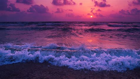 Purple Cloudy Sky Above Ocean Waves During Sunset HD Nature Wallpapers ...