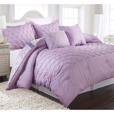 Twin Full Queen Lavender Purple Pintuck Pleat Floral 5 pc Comforter Set ...