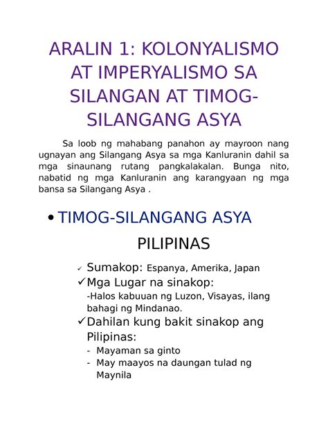 Aralin 1 Kolonyalismo AT Imperyalismo SA Silangan AT Timog- Silangang ...