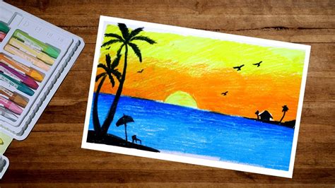 Beach Sunset Drawing Oil Pastel - pic-mullet