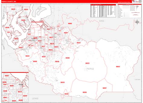 Pierce County, WA Zip Code Wall Map Red Line Style by MarketMAPS - MapSales