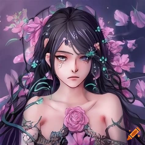 Anime fairy goddess with black hair and colorful flowers