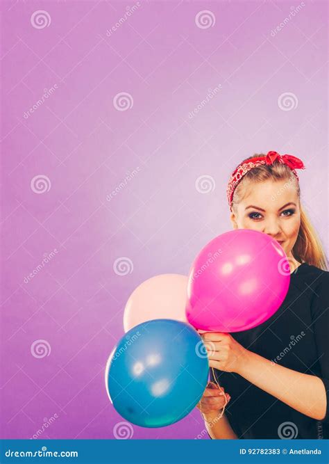 Lovely Smiling Girl Holds Colorful Balloons. Stock Image - Image of ...