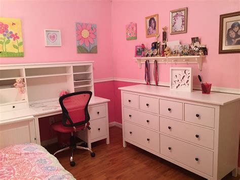 IKEA Hemnes desk with hutch and dresser for our tween girl who loves pink. Chair from Office Max ...