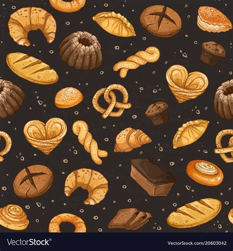 Bakery background. Vector seamless pattern with pastry. Hand drawn ...