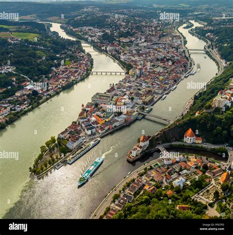 Aerial view, old town of Passau with the St. Stephen's Cathedral on ...