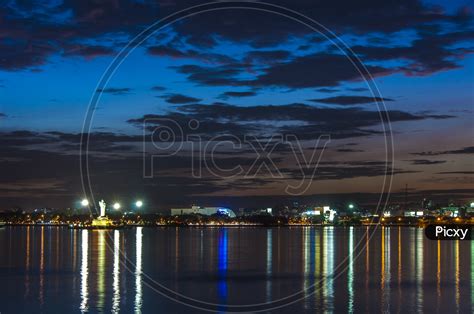 Image of Night view of Buddha Statue in Tank Bund, Hussain Sagar Lake, Hyderabad-RT537529-Picxy