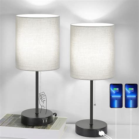 Table Lamps Set of 2 with USB Charging Ports, Grey Bedside Lamps with ...