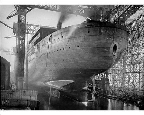 Print of Belgian Navy. The stern view of the new giant ship, Belgenland, before her launch in ...