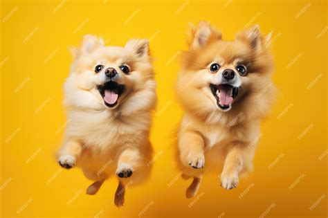 Premium Photo | Jumping Moment Two Pomeranian Dogs On Yellow Background Jumping Moment ...