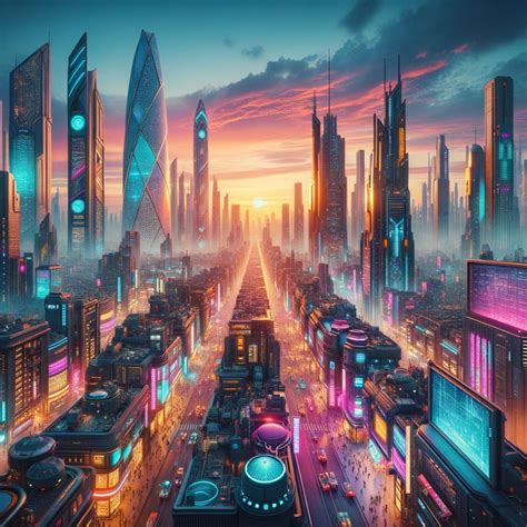 Futuristic Cityscape Sunset with Neon Lights and Cyberpunk Aesthetics ...