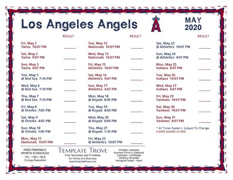 Printable 2020 Los Angeles Angels Schedule