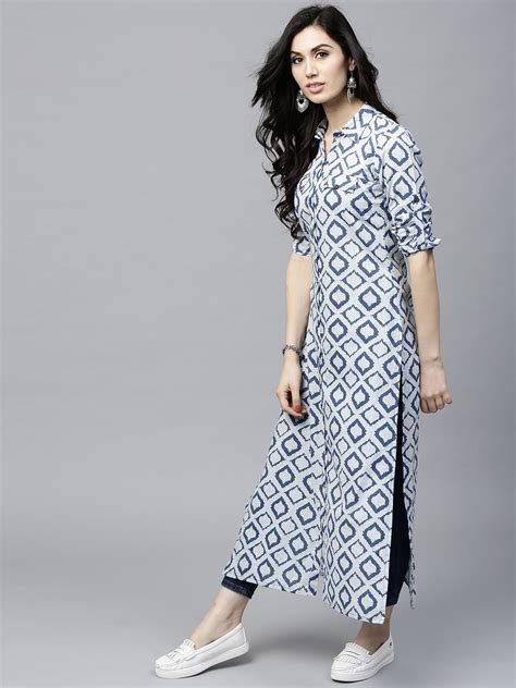 Buy AKS Women Navy & Off White Printed Straight Kurta - Kurtas for ...