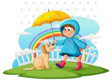 Premium Vector | Rainy day with a boy in raincoat and a dog