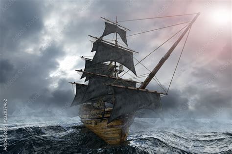 pirate ship sailing on the sea, 3D render Stock Illustration | Adobe Stock