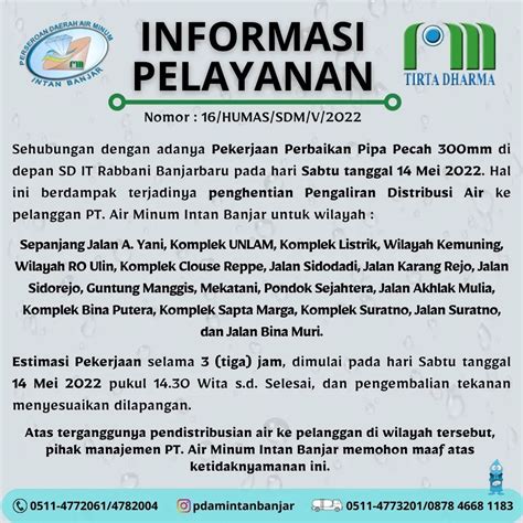 INFORMASI PELAYANAN 14 Mei 2022 - PDAM Intan Banjar - Suar Indonesia