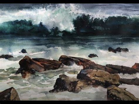 a painting of waves crashing over rocks on the beach