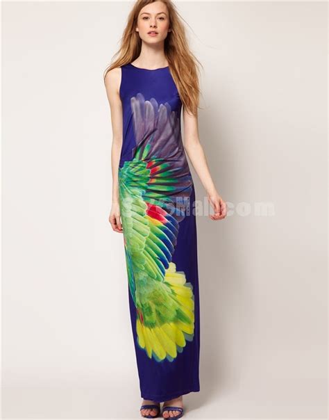 Wholesale - KM Peacock Blue Printing Long Dress - OrientMoon