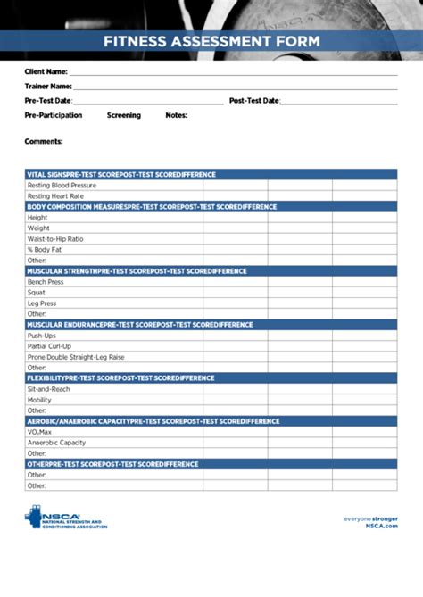 Fitness Assessment Form printable pdf download