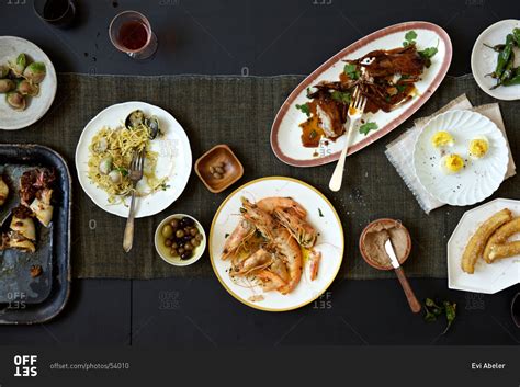 Top view of tapas table scene stock photo - OFFSET