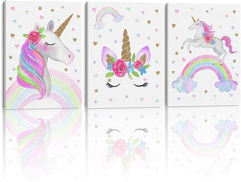 Rainbow Unicorn Canvas Wall Art for Girl's Bedroom Decoration. Set of 3, 12x16in Stretched ...