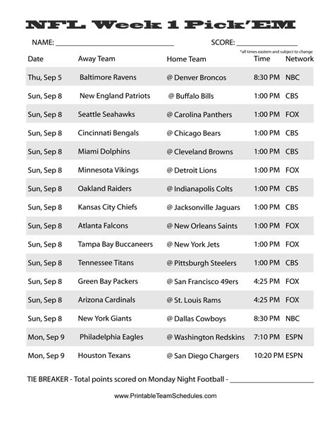 Nfl Football Printable Schedule