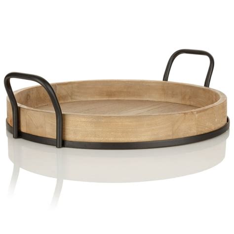 Better Homes & Gardens Round Rustic Brown Wood Serving Tray with Metal Handles, 18.5"x17 ...