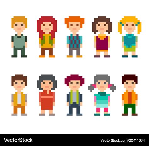 Set of different pixel art 8-bit people characters