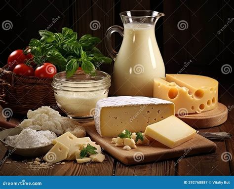 Table with Board of Different Types of Fresh Cheeses, Milk, Tomatoes ...