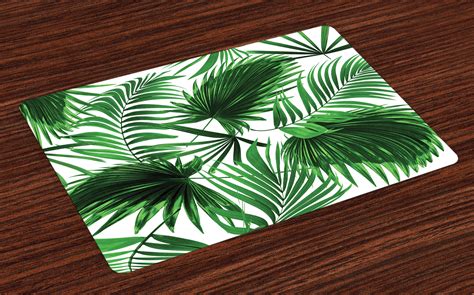 Palm Leaf Placemats Set of 4 Realistic Vivid Leaves of Palm Tree Growth Ecology Lush Botany ...