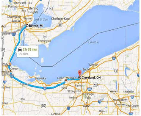 Driving distance between Detroit, MI and Cleveland, OH. | Download Scientific Diagram