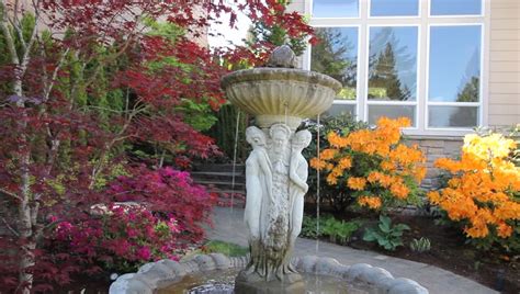 Water Fountain In Garden With Maple Trees And Flowering Azalea Plants In Spring Season 1920x1080 ...