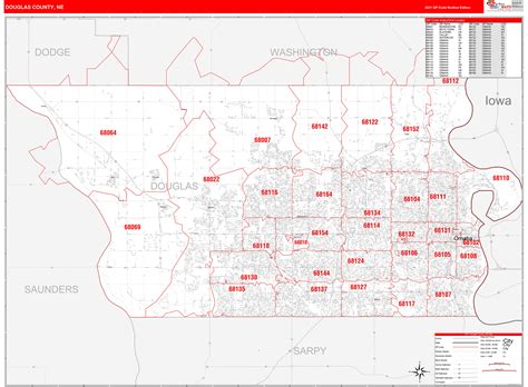 Douglas County, NE Zip Code Wall Map Red Line Style by MarketMAPS - MapSales