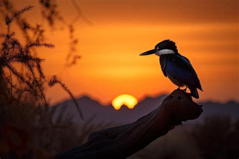 Premium Photo | Desert sunset with view of silhouetted kingfisher on a perch