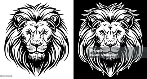 Lion Face Front View Black And White Line Art Eps Vector Art Image ...