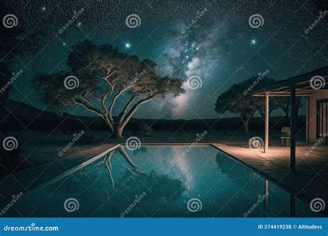 Swimming Pool with View of the Night Sky, Stars Shining Above Stock Illustration - Illustration ...