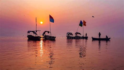 Boats Lined Up on the Banks of Ganga River in Triveni Sangam, Prayagraj, Allahabad, India Stock ...