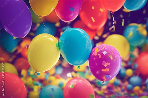 Wallpaper background of a birthday colorful balloons , confetti and birthday party hats ...