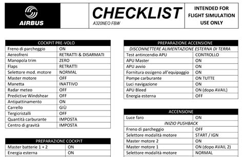 A320 Italian Checklist for Fly By Wire Mod per Microsoft Flight Simulator | MSFS