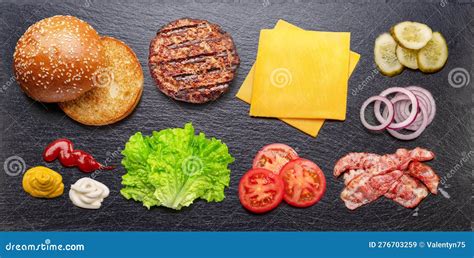 Cheeseburger Ingredients on Natural Stone Black Slate Serving Plate. Flat Lay Stock Image ...