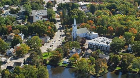 A small town with waterfront homes in autumn, Braintree, Massachusetts Aerial Stock Photo AX143 ...