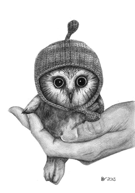 Drawing of a baby owl with hat. Realism, animal, fine arts. Art by Barbara Vugs | Baby shower ...