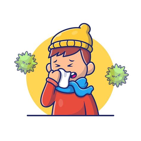 Boy with Fever And Flu Cartoon Vector Icon Illustration. People Medical ...