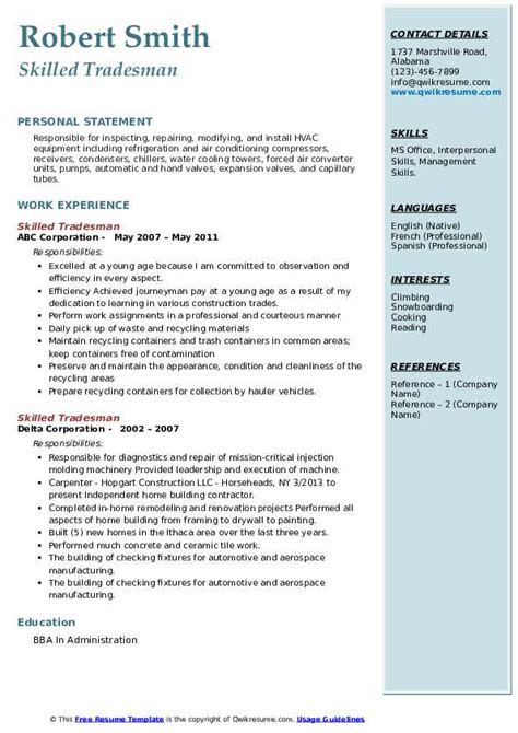 Skilled Tradesman Resume Samples | QwikResume